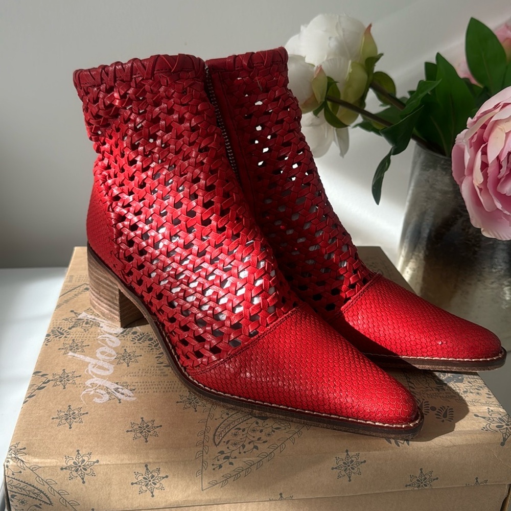 Free People Red Metallic Ankle Booties with Woven Texture